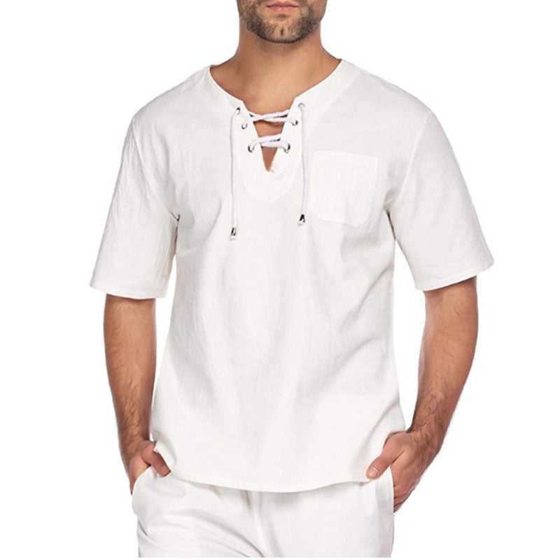 Street Style New Men'S Short-Sleeved T-Shirt Cotton And Linen Lace-Up Casual Fashion T-Shirt One-Piece - Image 2