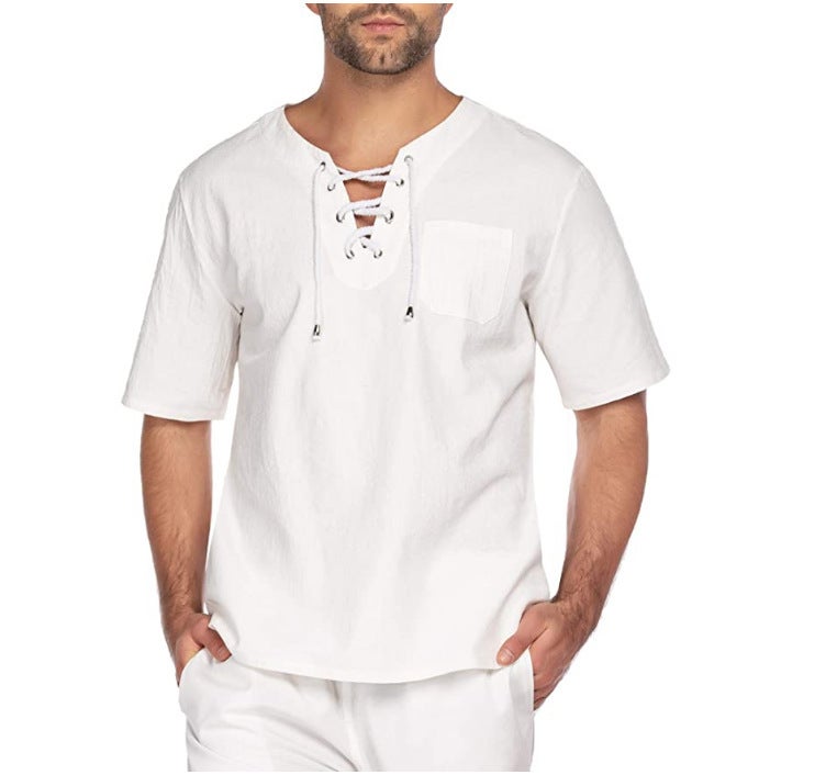 Street Style New Men'S Short-Sleeved T-Shirt Cotton And Linen Lace-Up Casual Fashion T-Shirt One-Piece - Image 1