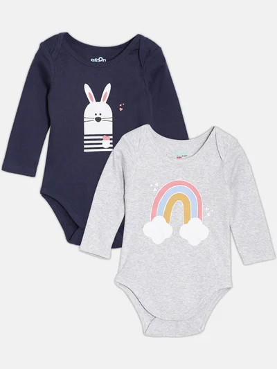 Broon Broon Infant Girls Navy Blue and Grey Printed Pure Organic Cotton Bodysuit Pack of 2
