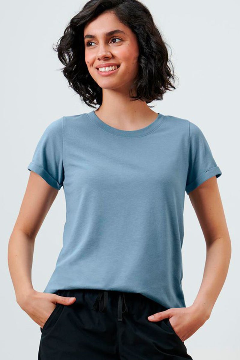Tchibo Women Round Neck Short Sleeves Plain T-Shirt, Light Blue - Image 1