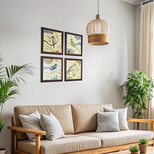Rousrie Floral & Birds Theme Wall Art, Set of 4 Black Frame Prints, 9 x 9 Inches, Textured Posters for Living Room - Image 2