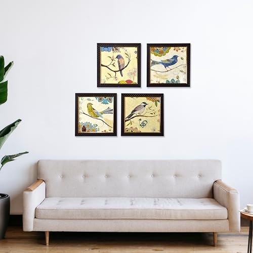 Rousrie Floral & Birds Theme Wall Art, Set of 4 Black Frame Prints, 9 x 9 Inches, Textured Posters for Living Room - Image 4