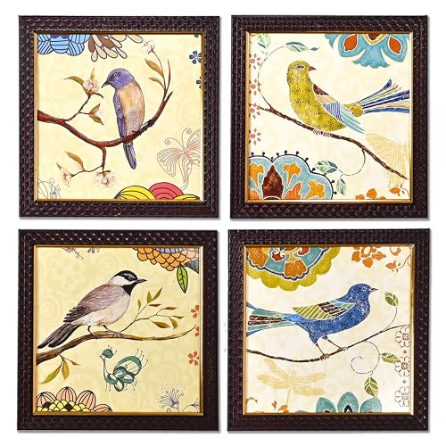 Rousrie Floral & Birds Theme Wall Art, Set of 4 Black Frame Prints, 9 x 9 Inches, Textured Posters for Living Room - Image 1