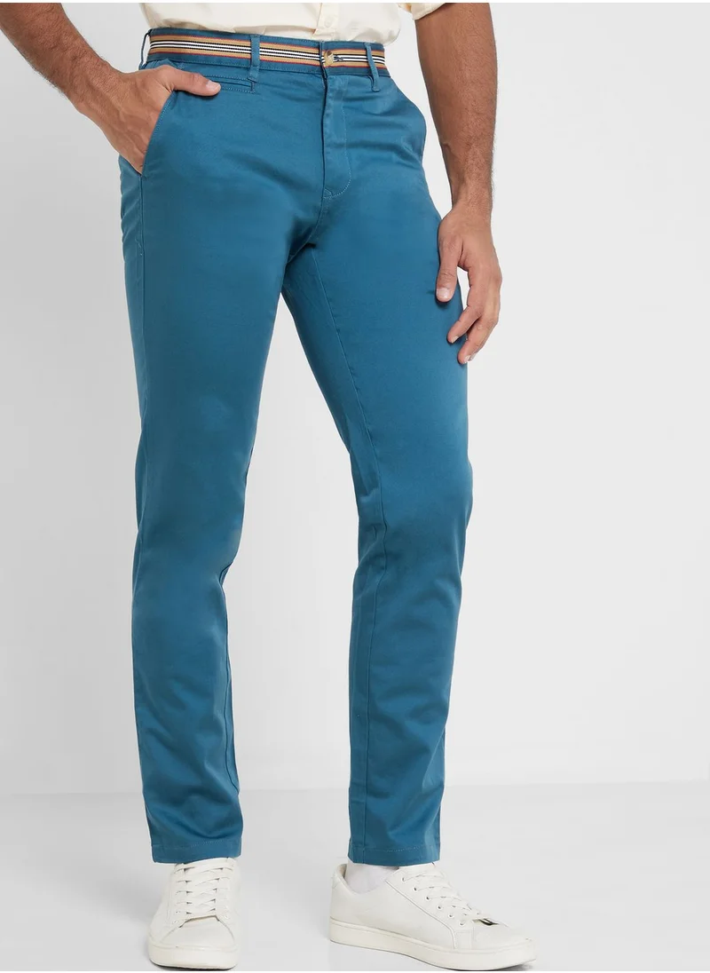 توماس سكوت Thomas Scott Men Blue Cotton Slim Fit Chinos Trousers