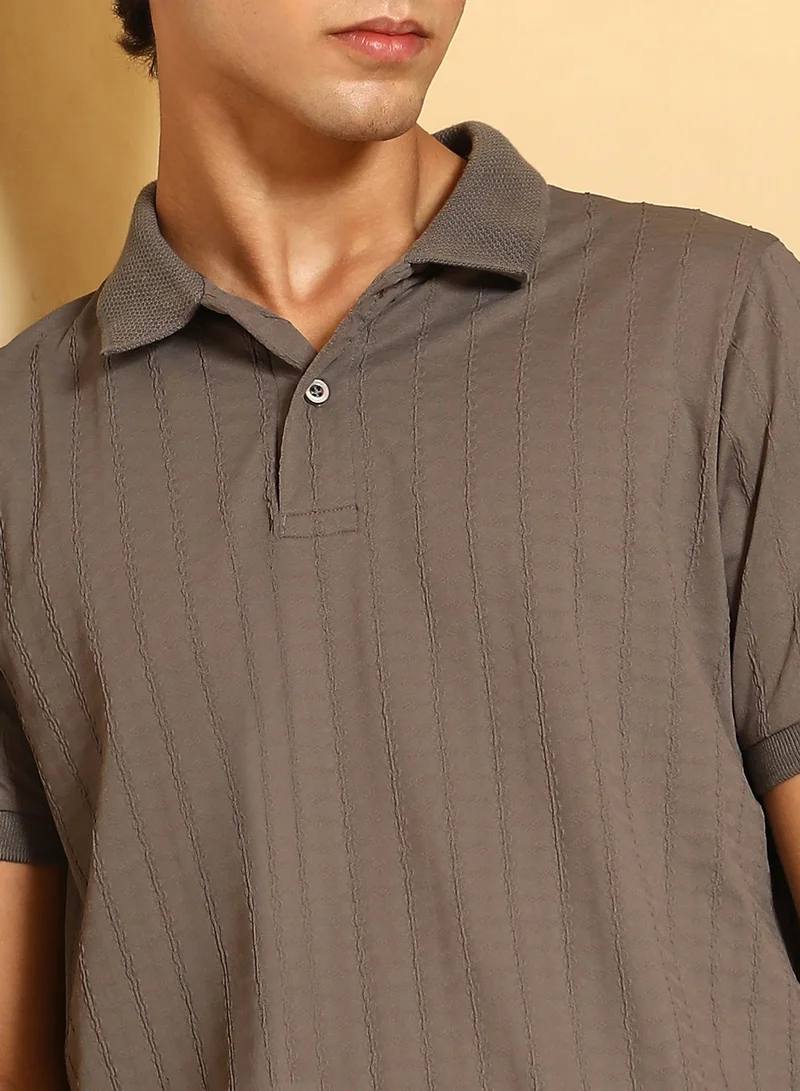 CAHOOT  Men's Ash Grey Rope-Lined Textured Polo T-Shirt for Men | Best Price UAE