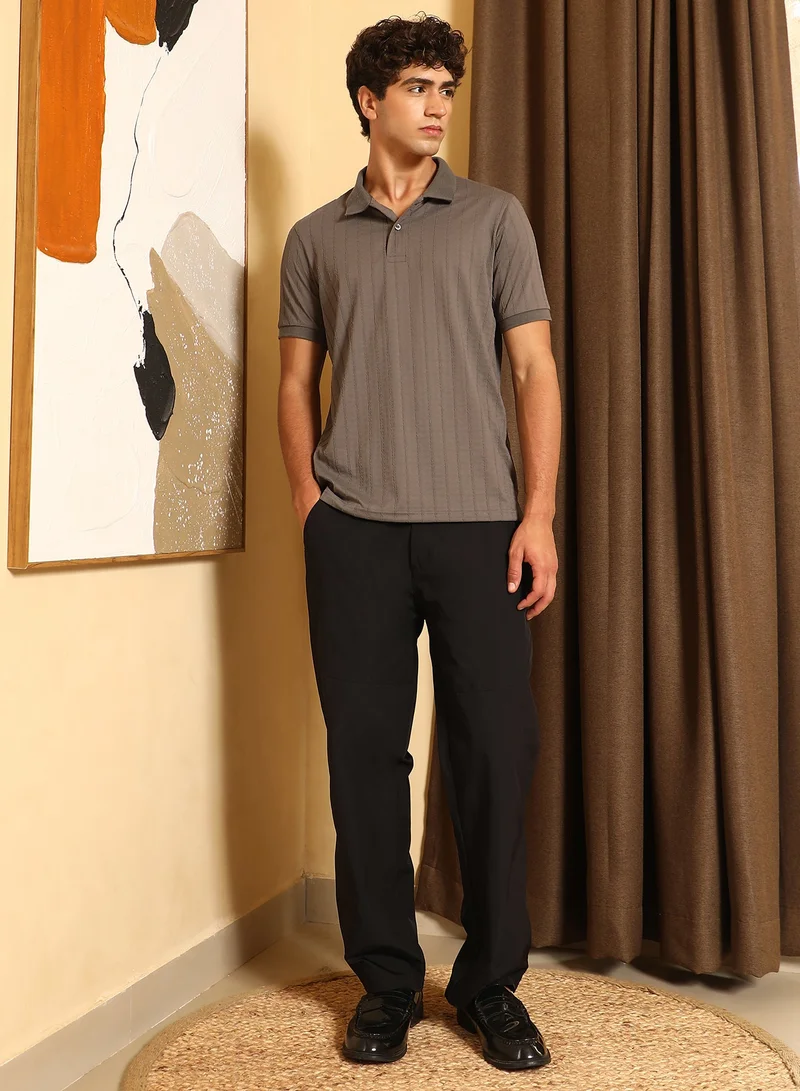 CAHOOT  Men's Ash Grey Rope-Lined Textured Polo T-Shirt for Men | Best Price UAE