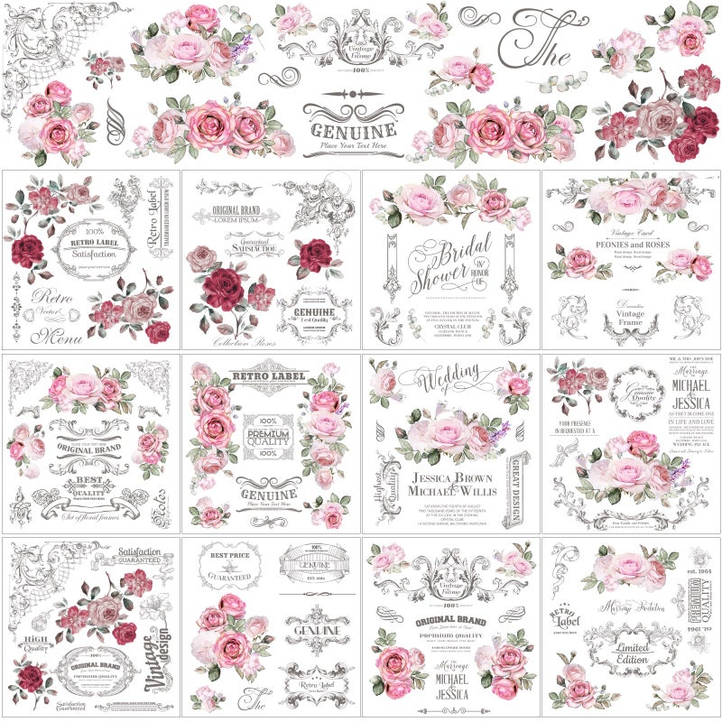 BBTO 12 Sheets Rub on Transfers for Crafts and Furniture Rub on Transfer Stickers Decals for Wood DIY Paper Home Decor, 5.5 x 5.7 Inch(Retro Rose) - Image 1