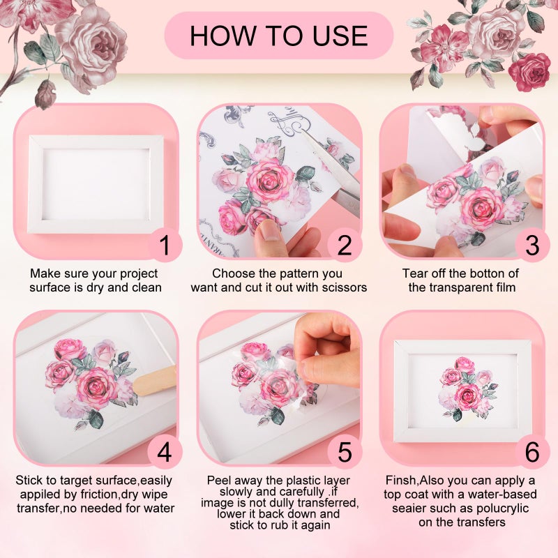 BBTO 12 Sheets Rub on Transfers for Crafts and Furniture Rub on Transfer Stickers Decals for Wood DIY Paper Home Decor, 5.5 x 5.7 Inch(Retro Rose) - Image 4