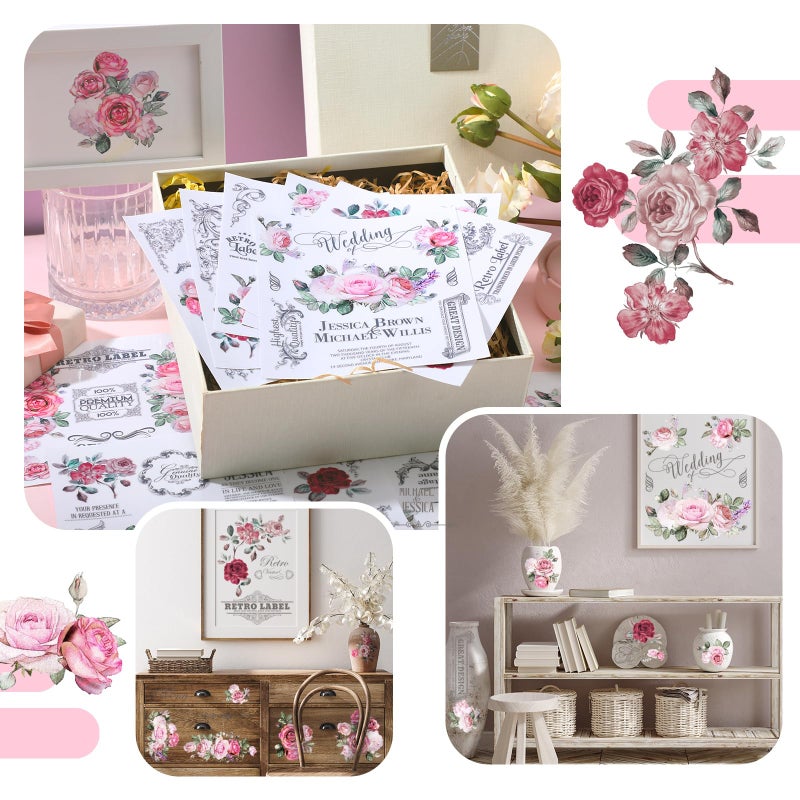 BBTO 12 Sheets Rub on Transfers for Crafts and Furniture Rub on Transfer Stickers Decals for Wood DIY Paper Home Decor, 5.5 x 5.7 Inch(Retro Rose) - Image 2