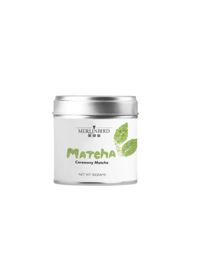 MATCHA 30-gram tin of Merlinbird brand Ceremonial Matcha, a high-quality, finely ground green tea powder from Japan - Image 1