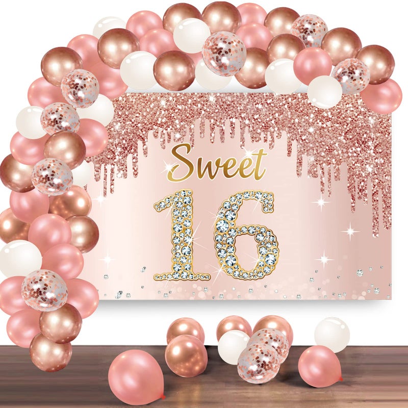 Rose Gold Sweet 16th Birthday Banner Backdrop with Confetti Balloon Garland Arch Happy 16 Birthday Banner Balloon Set for Girls Pink Sixteen Bday Poster Photo Booth Decor
