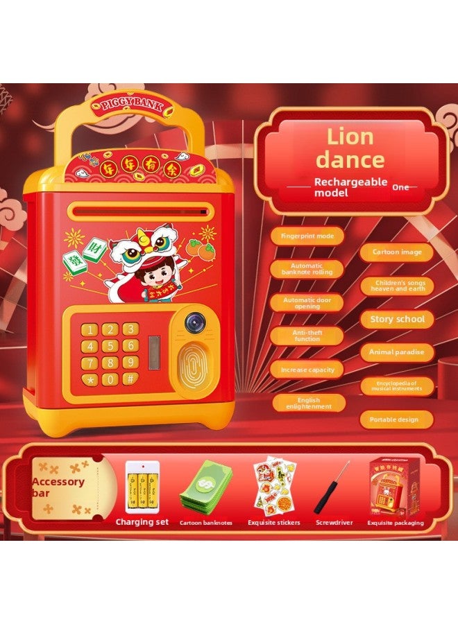Spring Festival National Fashion Lion Dance Piggy Bank Creative Password Safe Piggy Bank Automatic Safe Box Children's Year Gift-Color:[Exquisite Color Box] National Fashion Lion Dance Piggy Bank (charging Suit) - Image 1