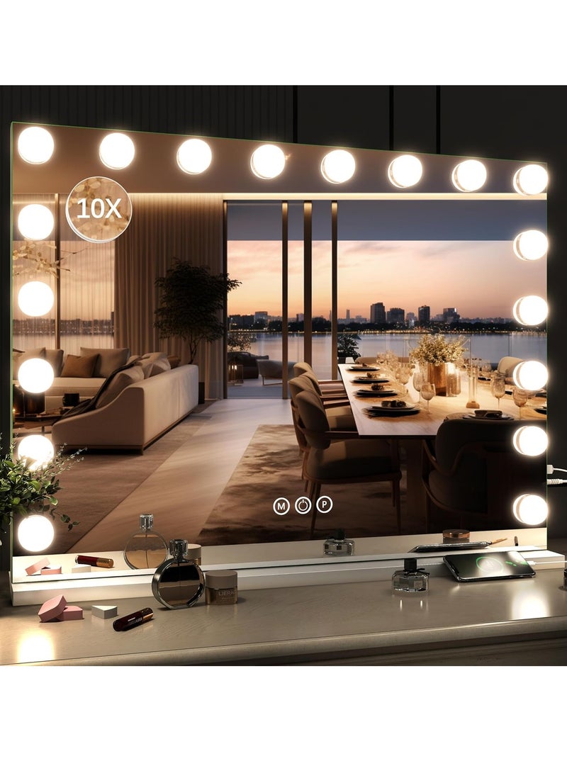 إي تي جي مرآة مكياج بمرآة فانيتي مقاس 80 × 60 سم مع أضواء، مرآة مكياج كبيرة بإضاءة هوليوود مع 18 لمبة LED قابلة للتعتيم، 3 أوضاع للألوان، تكبير 10 مرات، منفذ شحن USB، سطح الطاولة أو مثبت على الحائط - Image 1