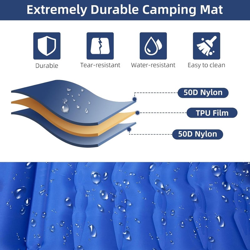 Inflatable Sleeping Pad, Blue Camping Air Mattress with Built-in Foot Pump, Lightweight Portable Mat for Hiking, Outdoor Backpacking Travel Bed, Compact Waterproof Airpad - Image 5