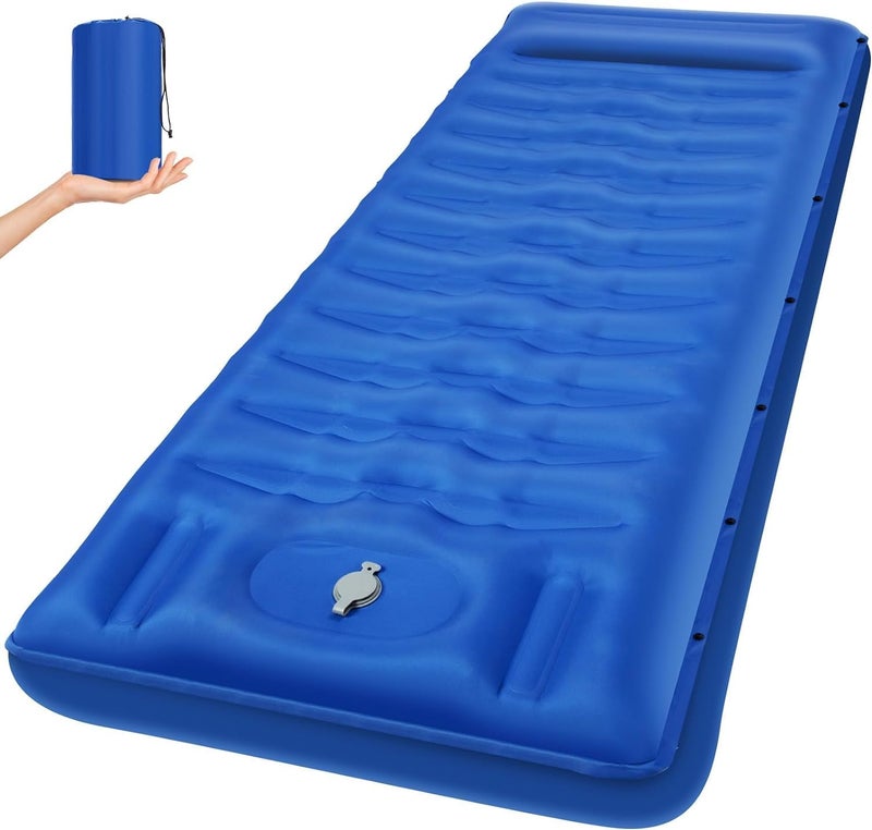 Inflatable Sleeping Pad, Blue Camping Air Mattress with Built-in Foot Pump, Lightweight Portable Mat for Hiking, Outdoor Backpacking Travel Bed, Compact Waterproof Airpad - Image 1