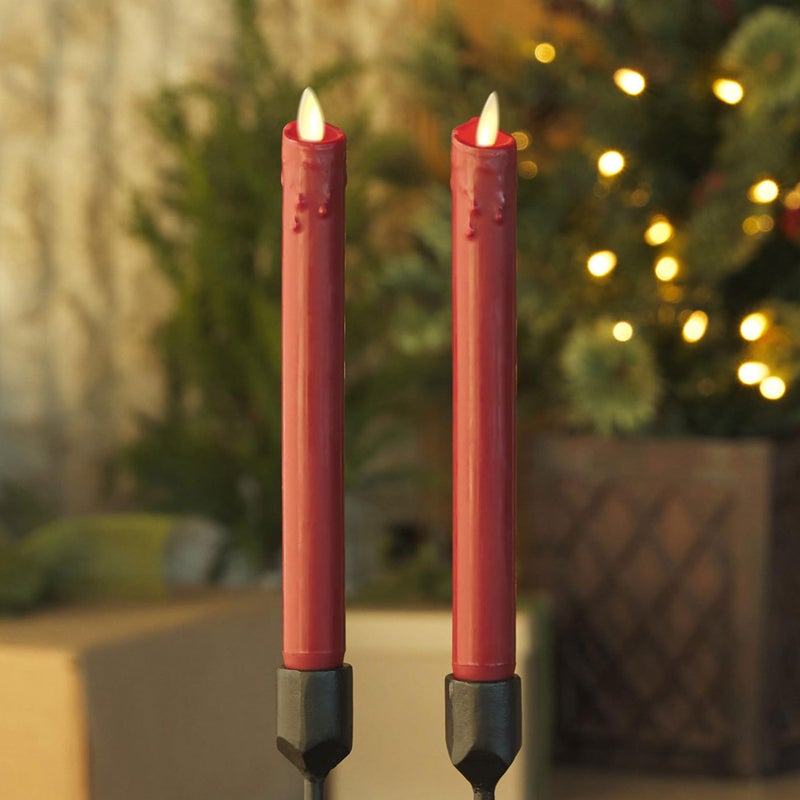 Luminara Burgundy Set of 2 Wax Drip Flameless Candle Tapers (1 x 9.5 inch), Moving Flame LED Candle Unscented Real Wax with Dripped Top Timer Function, Table, Mantel, Holiday Decoration - Image 1
