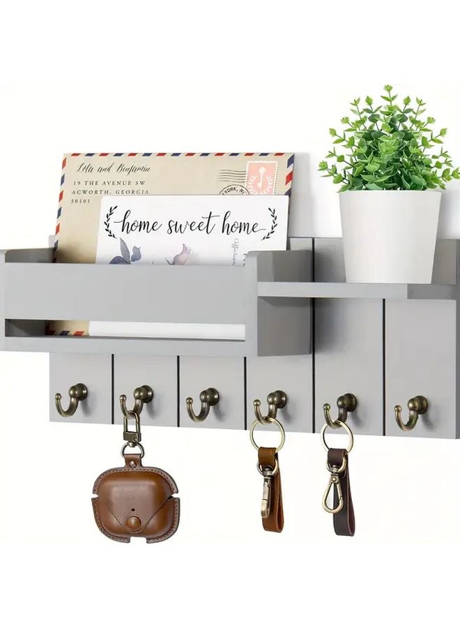 Grey Wooden Wall Mounted Key Holder with Tray and Mail Organizer - Image 1