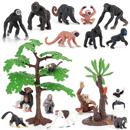 THINKBAY 16PCS Apes Monkey and Tree Toys Mini Animal Figurines Toys for Kids Include Orangutan Tamarin Lemur Chimpanzee Squirrel for School Projects Valentines Day Gifts for Kids - Image 1