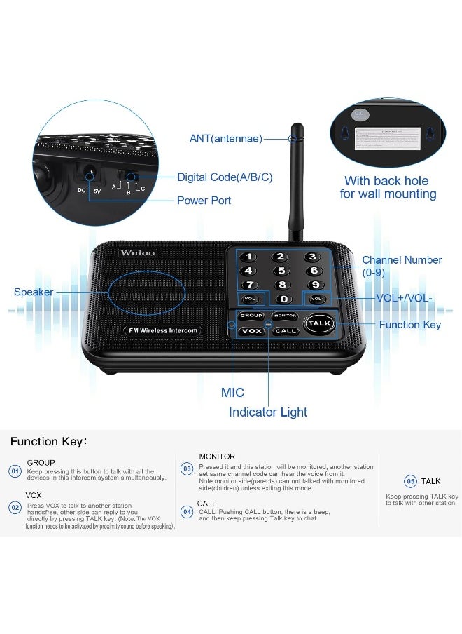 Wuloo - Wireless Intercom System for Home 1 Mile Range 10 Channel 3 Code, Intercoms Wireless for Home House Business Office, Home Communication System, Room to Room Intercom  WL666(2 Units Set Black) - Image 1