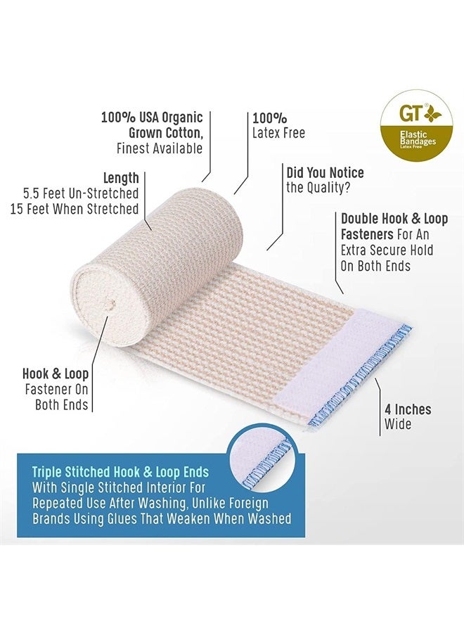 GT Premium Elastic Bandage Wrap (4" Wide, 2 Pack) - Made of Grown Organic Cotton - Hook & Loop Fasteners at Both Ends - GT Latex Free Hypoallergenic Compression Roll for Sprains & Injuries - Image 2