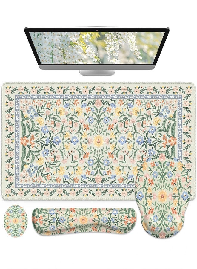 iCasso Desk Mat, Large Mouse Pad Wrist Support Set, 4in1 XXL Large Mousepad + Keyboard Wrist Rest+Mouse Wrist Rest+Coastert with Ergonomic Design for Home Office Computer(Green Vine Flowers) - Image 1