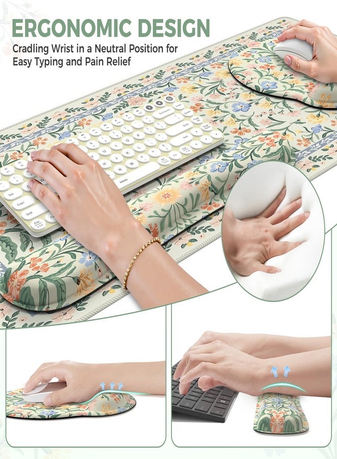 iCasso Desk Mat, Large Mouse Pad Wrist Support Set, 4in1 XXL Large Mousepad + Keyboard Wrist Rest+Mouse Wrist Rest+Coastert with Ergonomic Design for Home Office Computer(Green Vine Flowers) - Image 4