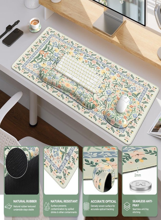 iCasso Desk Mat, Large Mouse Pad Wrist Support Set, 4in1 XXL Large Mousepad + Keyboard Wrist Rest+Mouse Wrist Rest+Coastert with Ergonomic Design for Home Office Computer(Green Vine Flowers) - Image 5