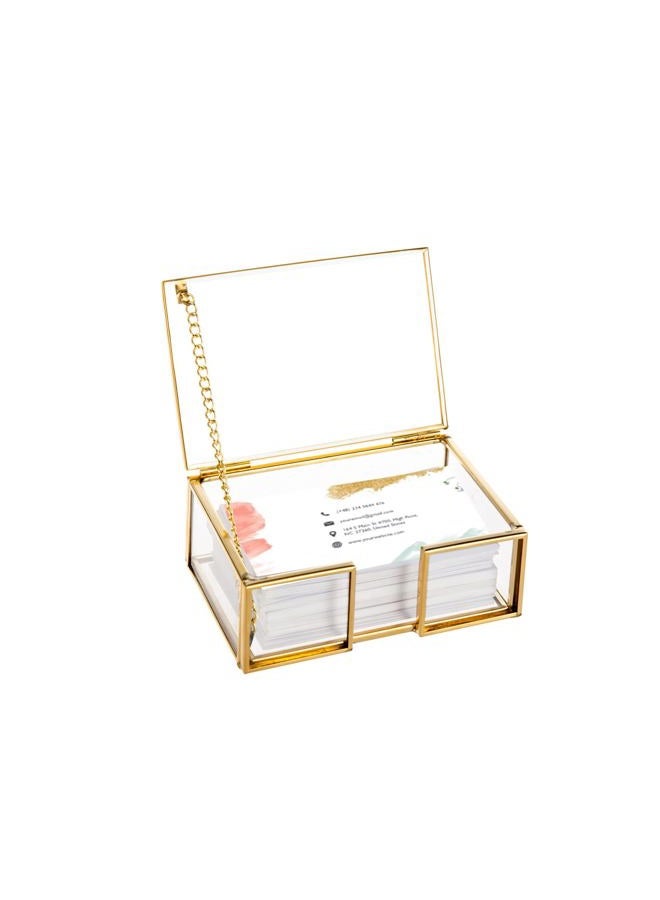 Feyarl Clear Gold Glass Business Card Box with Lid Name Card Display Business Card Organizer Container Collection Cards Box Storage for Office Desktop CounterTop Meeting - Image 1