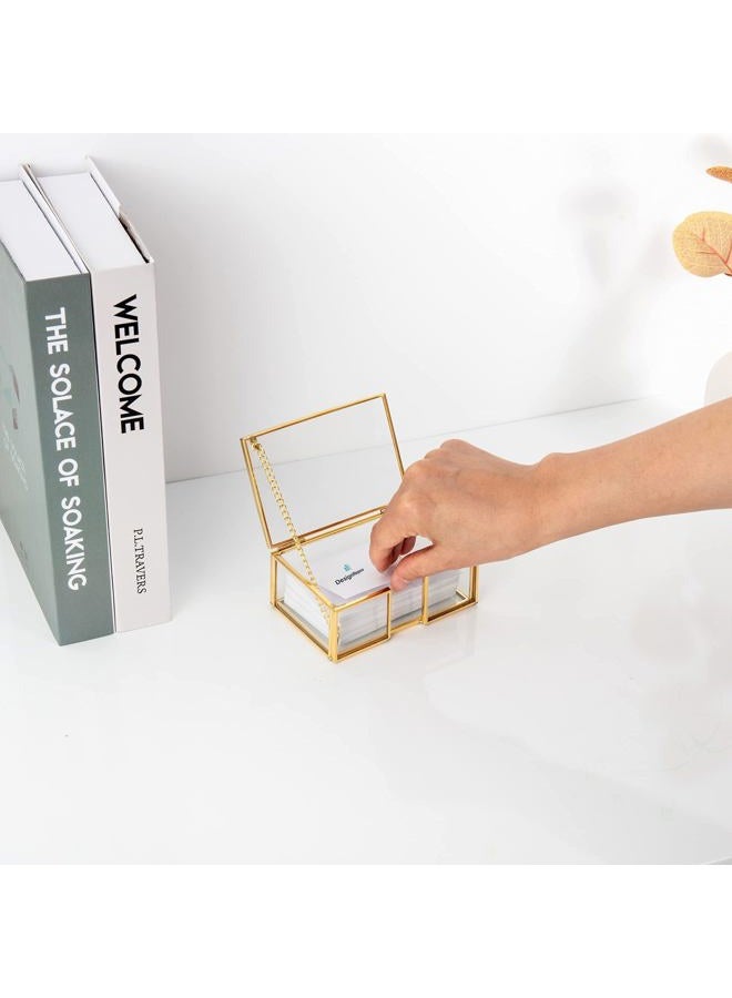 Feyarl Clear Gold Glass Business Card Box with Lid Name Card Display Business Card Organizer Container Collection Cards Box Storage for Office Desktop CounterTop Meeting - Image 4