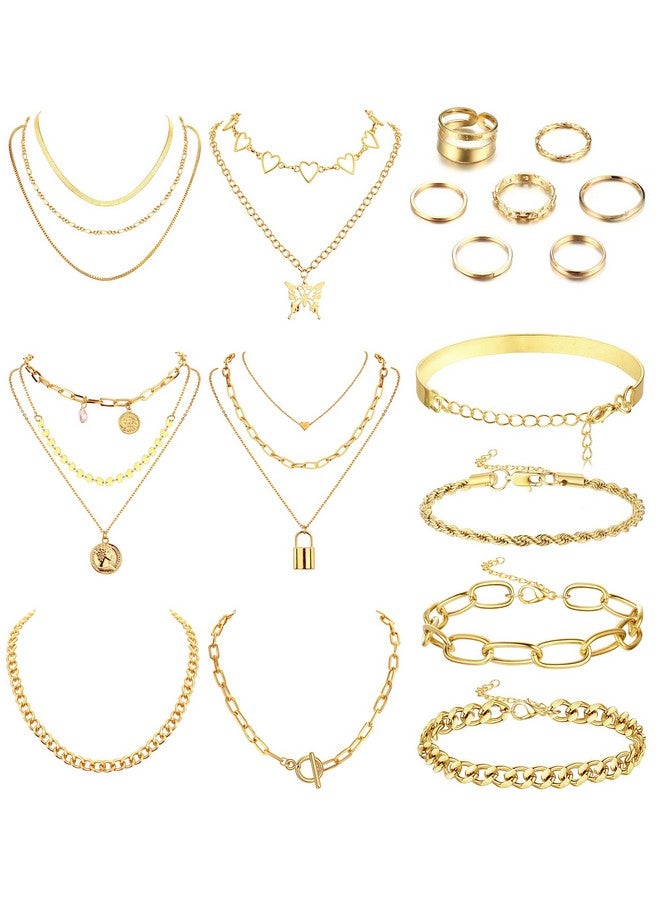 Sanfenly Gold Jewelry Sets For Women Gold Layered Necklaces Chunky Bracelets Knuckle Rings Set Costume Accessories Jewelry - Image 1