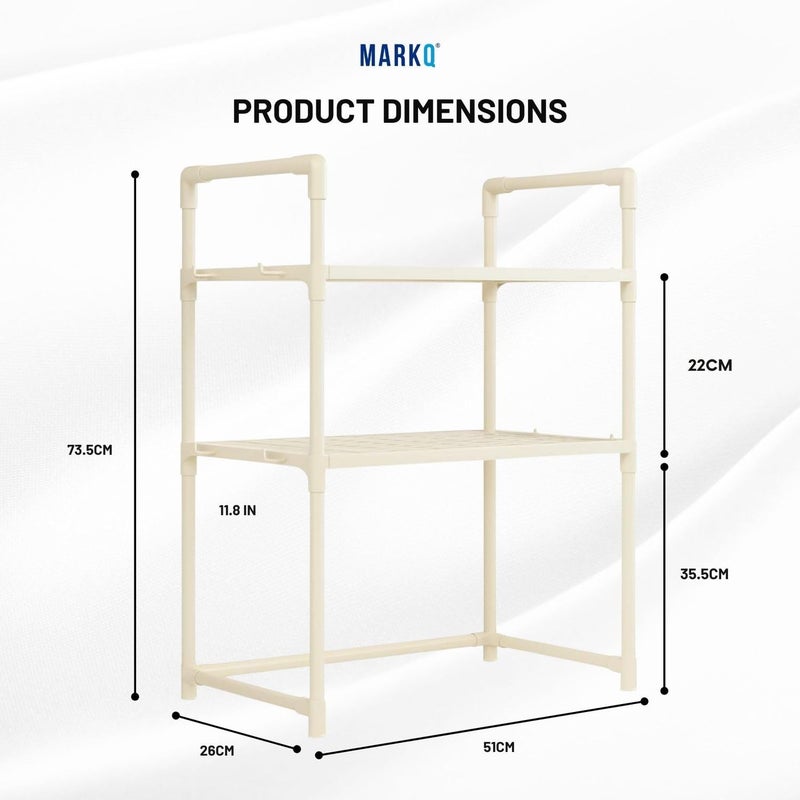 MARKQ رف ميكروويف ثقيل الوزن للكونتر | رف تخزين الفرن مع 2 رفوف ومنظم مع خطافات التوابل والمناشف | حامل تخزين مطبخ بلاستيكي متين - أبيض - Image 4