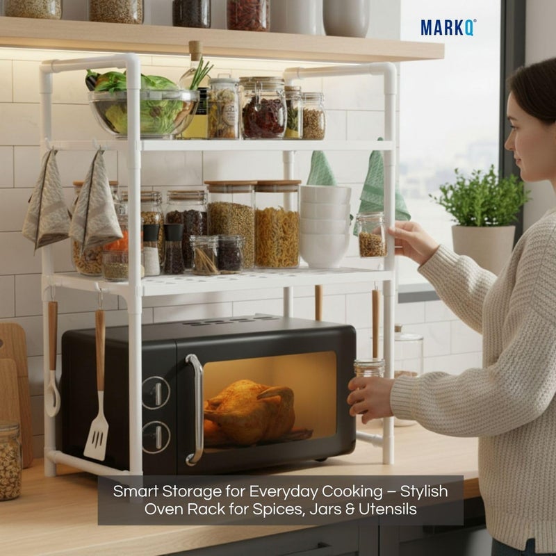 MARKQ رف ميكروويف ثقيل الوزن للكونتر | رف تخزين الفرن مع 2 رفوف ومنظم مع خطافات التوابل والمناشف | حامل تخزين مطبخ بلاستيكي متين - أبيض - Image 5