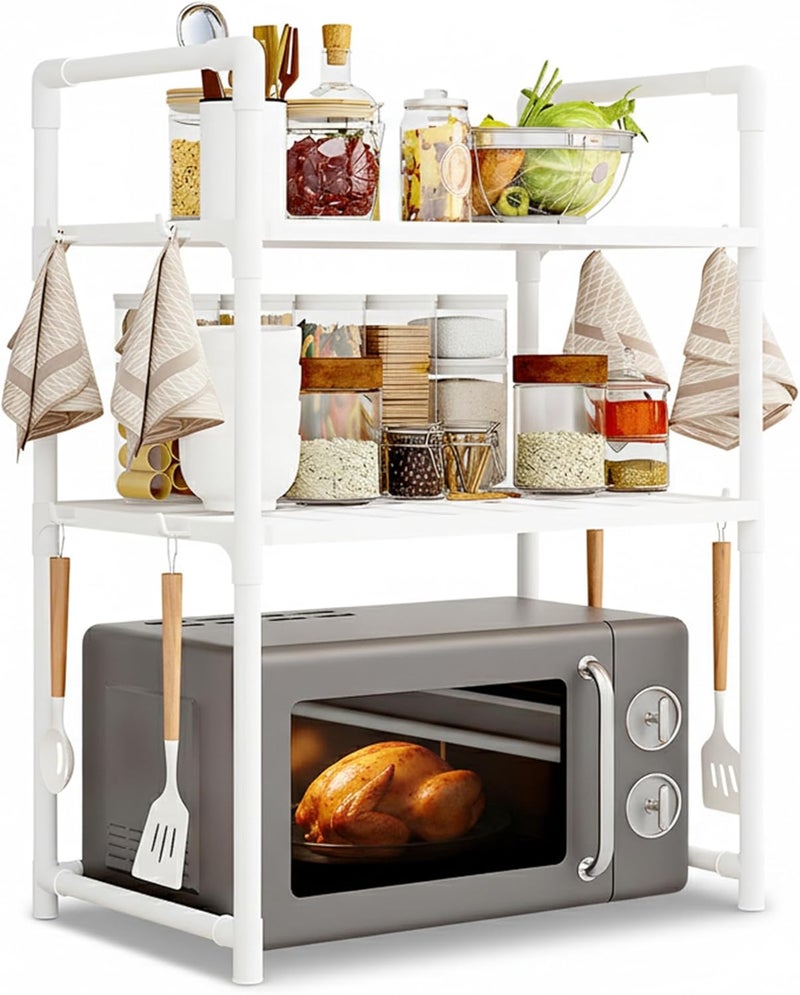 MARKQ رف ميكروويف ثقيل الوزن للكونتر | رف تخزين الفرن مع 2 رفوف ومنظم مع خطافات التوابل والمناشف | حامل تخزين مطبخ بلاستيكي متين - أبيض - Image 1