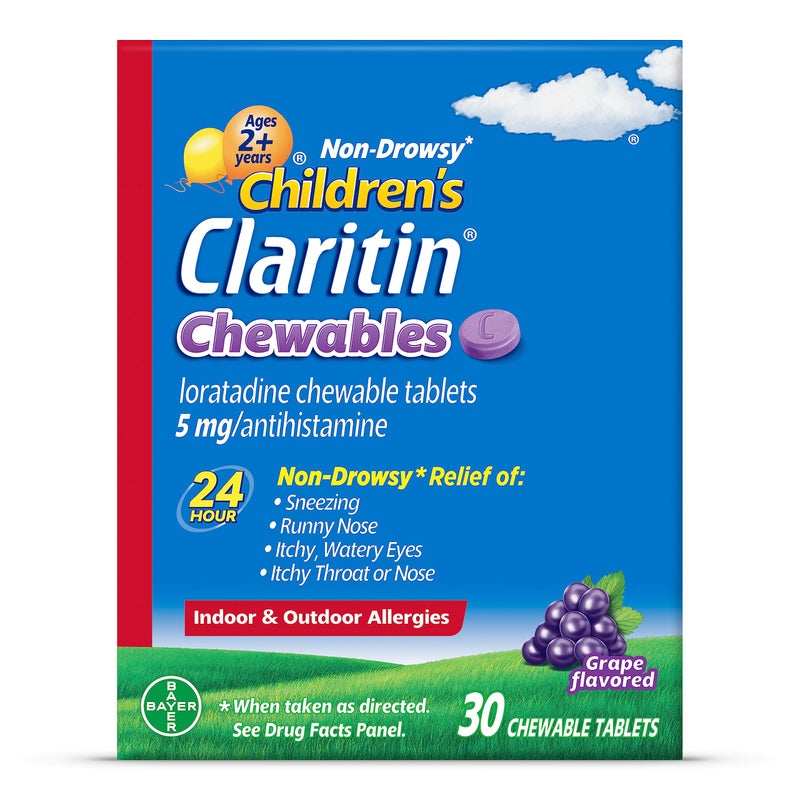 Claritin أقراص كلاريتين القابلة للمضغ للأطفال 24 ساعة لتخفيف الحساسية، دواء حساسية غير مسبب للنعاس للأطفال، بنكهة العنب، 30 حبة - Image 1