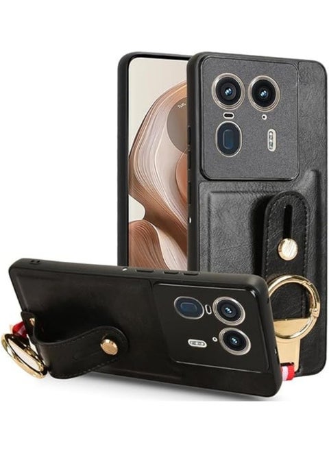 مناسب لـ Motorola Moto Edge 50 Ultra، حقيبة مع حلقة حمل، حزام يد، وحزام رقبة، غلاف حماية مقاوم للخدوش وملائم للبشرة من الجلد.