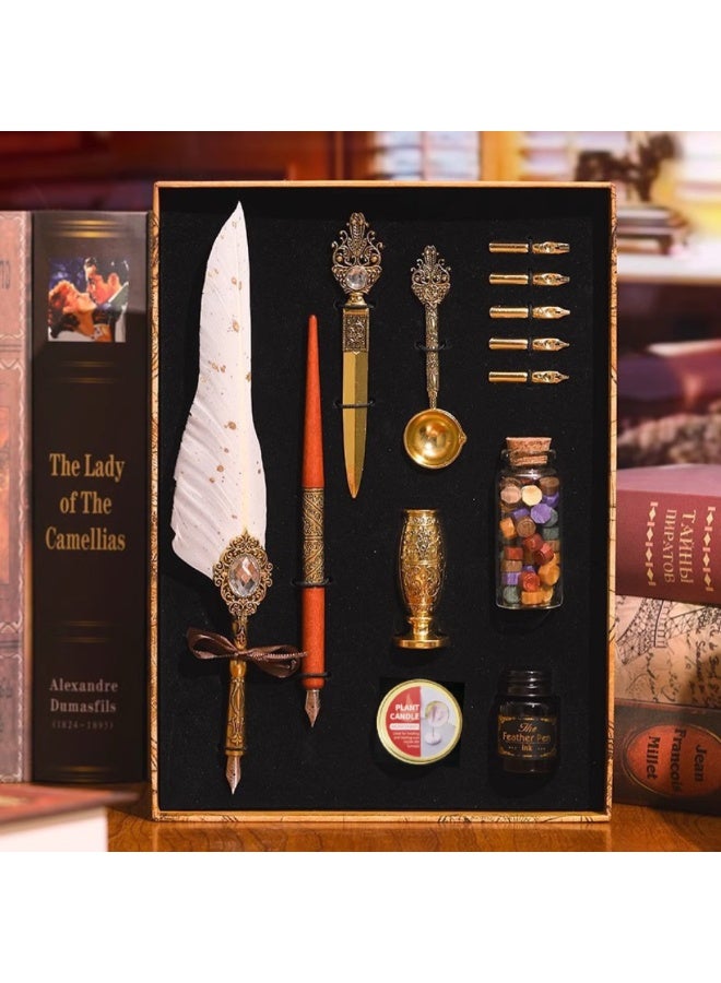 Halamodo 13Pcs Vintage Calligraphy Set with Pen Nibs, Quill Feather Pen and Ink Set, Calligraphy Kit with Dip Pen Nibs and Wax Seal Stamp Kit, Ornate Holders, White Starry Sky Gem Feather Pen Set, Gift Box, Teacher'S Day Gift - Image 1