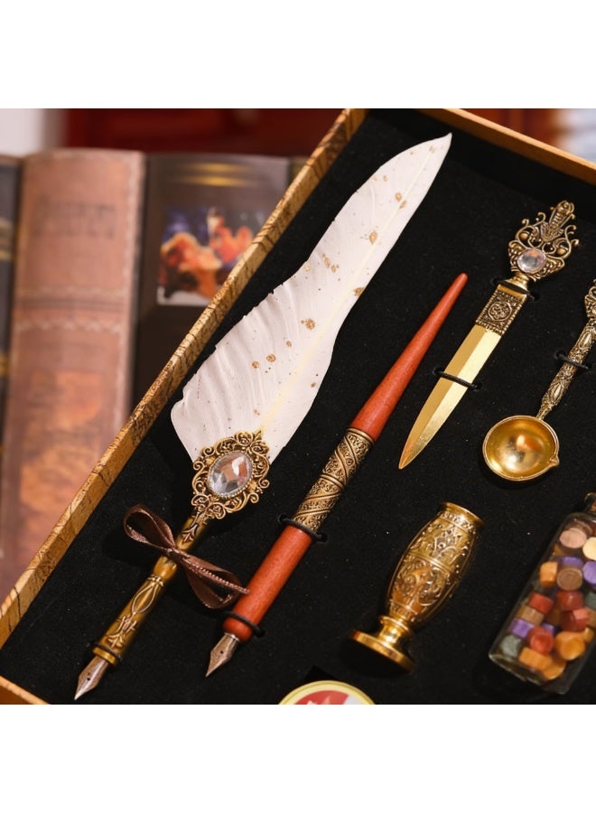 Halamodo 13Pcs Vintage Calligraphy Set with Pen Nibs, Quill Feather Pen and Ink Set, Calligraphy Kit with Dip Pen Nibs and Wax Seal Stamp Kit, Ornate Holders, White Starry Sky Gem Feather Pen Set, Gift Box, Teacher'S Day Gift - Image 5