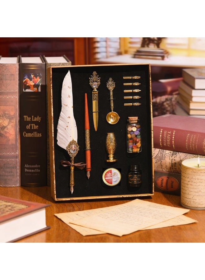 Halamodo 13Pcs Vintage Calligraphy Set with Pen Nibs, Quill Feather Pen and Ink Set, Calligraphy Kit with Dip Pen Nibs and Wax Seal Stamp Kit, Ornate Holders, White Starry Sky Gem Feather Pen Set, Gift Box, Teacher'S Day Gift - Image 3