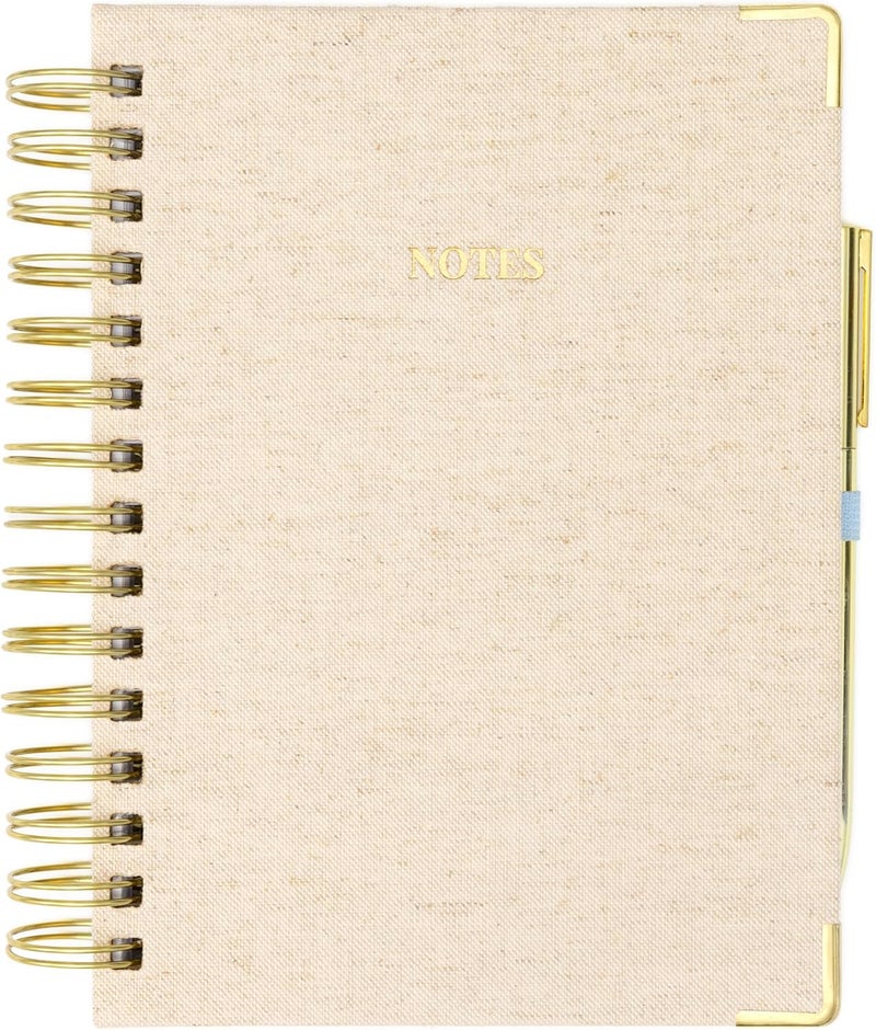 ELYN Lined Spiral Journal, Linen Hardcover Notebook with Matching Gold Gel Pen, 252 Pages, 8.2 in x 6.75 in - 100 GSM Premium Paper, Spiral Notebook for Home, Office, Notes & Gifts, (Linen) - Image 1