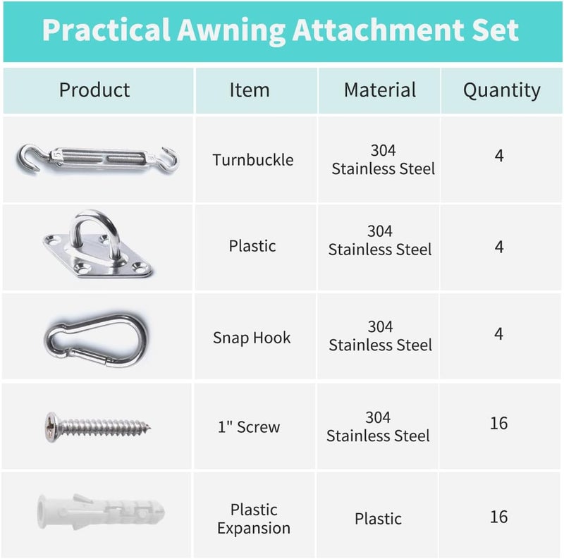 OIZEN Shade Sail Hardware Kit, 304 Stainless Steel Anti-Rust Fixing Hardware for Square and Triangle Shade Sails (12-Piece Set + 16 Screws) - Image 3