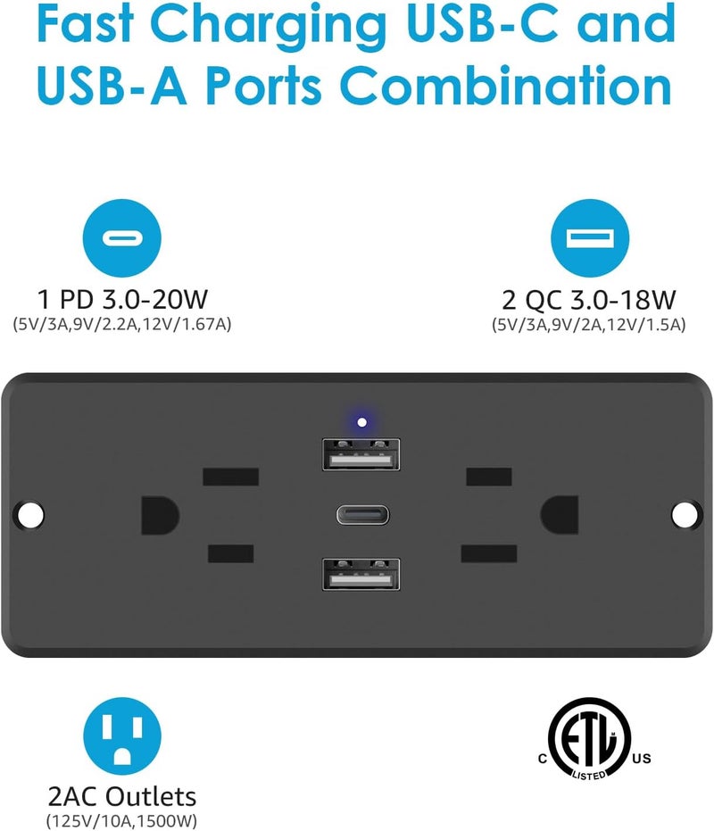 5 في 1 شريط طاقة مخفي، مقبس مسطح، منفذ شحن سريع بقدرة 20 واط مع منفذ USB، منفذ مخفي للاجتماعات مزود بـ 2 مقبس تيار متردد، 2 منفذ USB ومنفذ USB-C، كابل طاقة بطول 6 أقدام. (أسود) - Image 2