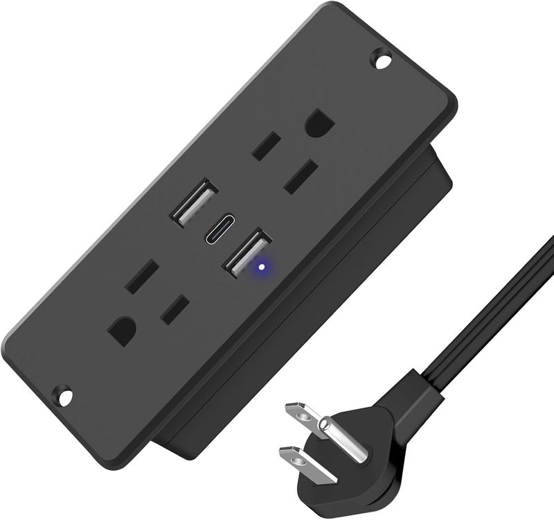 5 في 1 شريط طاقة مخفي، مقبس مسطح، منفذ شحن سريع بقدرة 20 واط مع منفذ USB، منفذ مخفي للاجتماعات مزود بـ 2 مقبس تيار متردد، 2 منفذ USB ومنفذ USB-C، كابل طاقة بطول 6 أقدام. (أسود) - Image 1