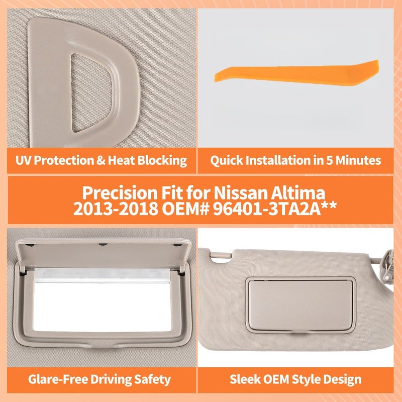 GlymXia Sun Visor Pair with Clips Compatible with 2013-2018 Nissan Altima (Driver Left & Passenger Right Side), Cloth Fabric Sunvisor Assembly - (Color Gray - Image 4
