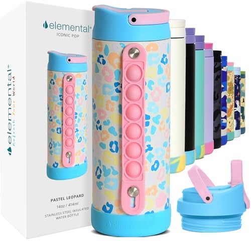 Elemental Iconic Kids Water Bottle for School 100 LeakProof Insulated Water Bottles with Straw Lid PopIt Handle for Boys Girls TripleWall Insulated BPAFree 14oz Pastel Leopard - Image 1