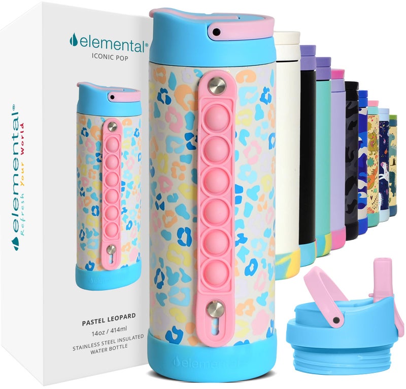 Elemental Iconic Kids Water Bottle for School 100 LeakProof Insulated Water Bottles with Straw Lid PopIt Handle for Boys Girls TripleWall Insulated BPAFree 14oz Pastel Leopard - Image 2