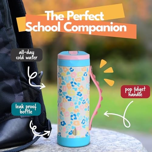 Elemental Iconic Kids Water Bottle for School 100 LeakProof Insulated Water Bottles with Straw Lid PopIt Handle for Boys Girls TripleWall Insulated BPAFree 14oz Pastel Leopard - Image 3
