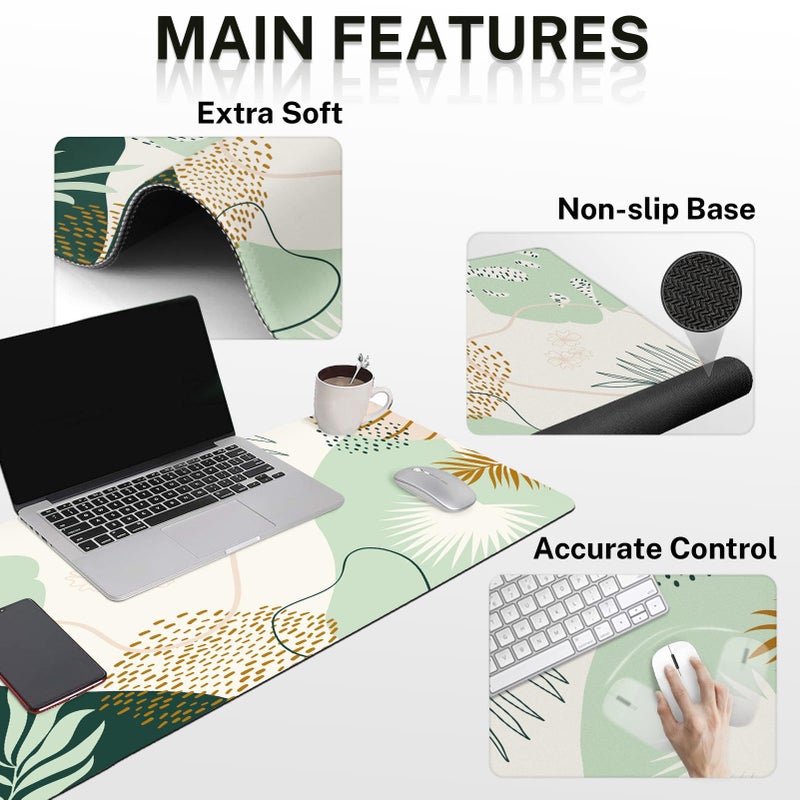 Britimes Green Boho Leaves Keyboard Mouse Pad Set 4in1 Large Mousepad+Keyboard Wrist Rest+Mouse Wrist Rest+Coaster Set with Ergonomic Design for Home Office Computer 35.4x15.7 inches - Image 3
