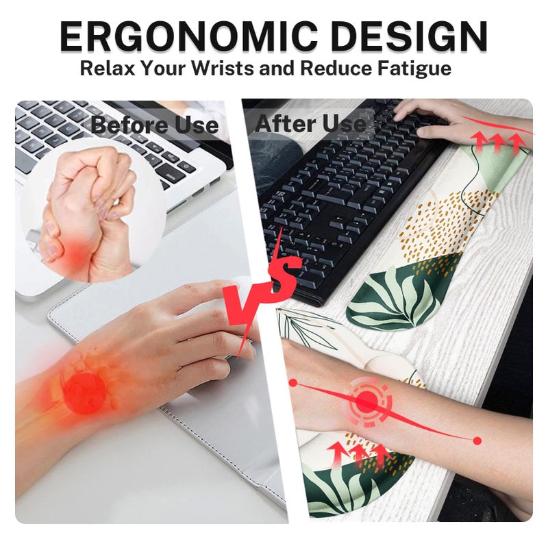 Britimes Green Boho Leaves Keyboard Mouse Pad Set 4in1 Large Mousepad+Keyboard Wrist Rest+Mouse Wrist Rest+Coaster Set with Ergonomic Design for Home Office Computer 35.4x15.7 inches - Image 4
