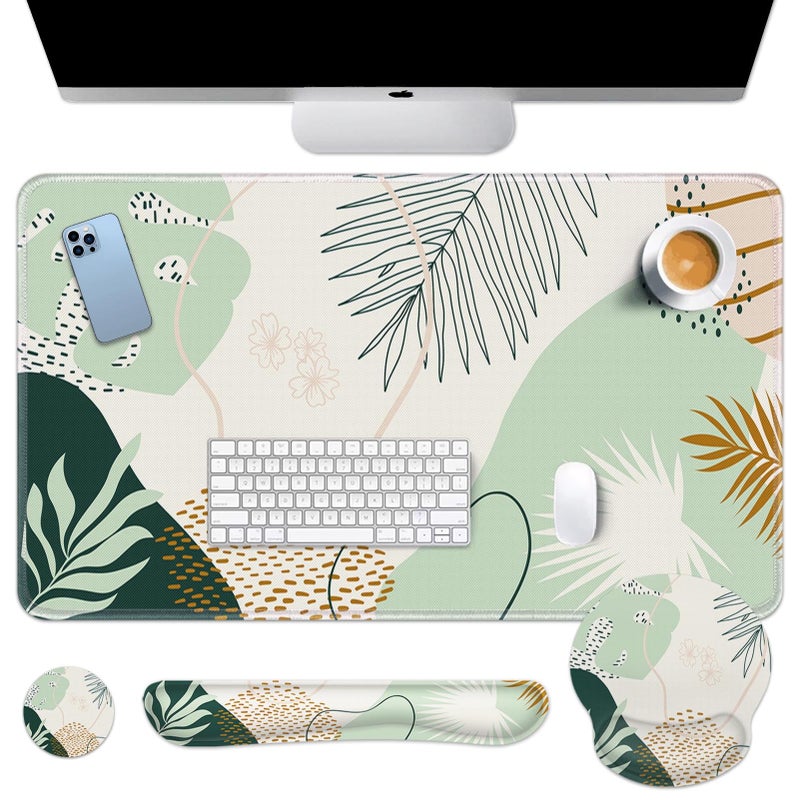 Britimes Green Boho Leaves Keyboard Mouse Pad Set 4in1 Large Mousepad+Keyboard Wrist Rest+Mouse Wrist Rest+Coaster Set with Ergonomic Design for Home Office Computer 35.4x15.7 inches - Image 1