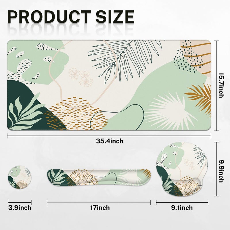 Britimes Green Boho Leaves Keyboard Mouse Pad Set 4in1 Large Mousepad+Keyboard Wrist Rest+Mouse Wrist Rest+Coaster Set with Ergonomic Design for Home Office Computer 35.4x15.7 inches - Image 2